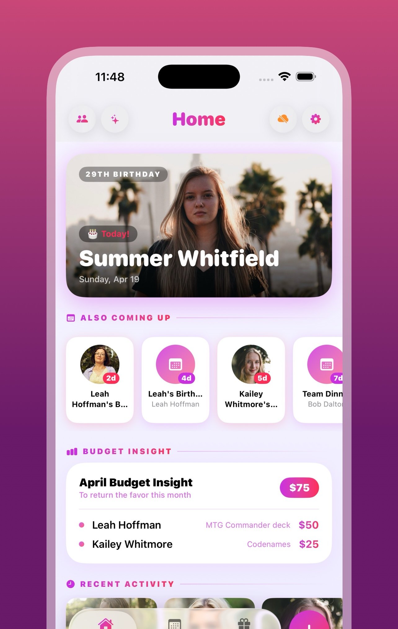 Return the Favor on iPhone — Home tab showing upcoming birthdays, budget insight, and recent activity.